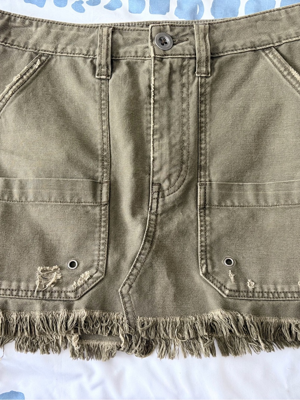Free People Olive Green Distressed Fringed Mini Skirt